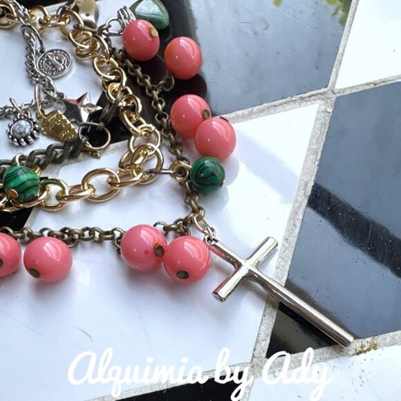 Alquimia Pink and Green Beaded Necklace with Silver Cross